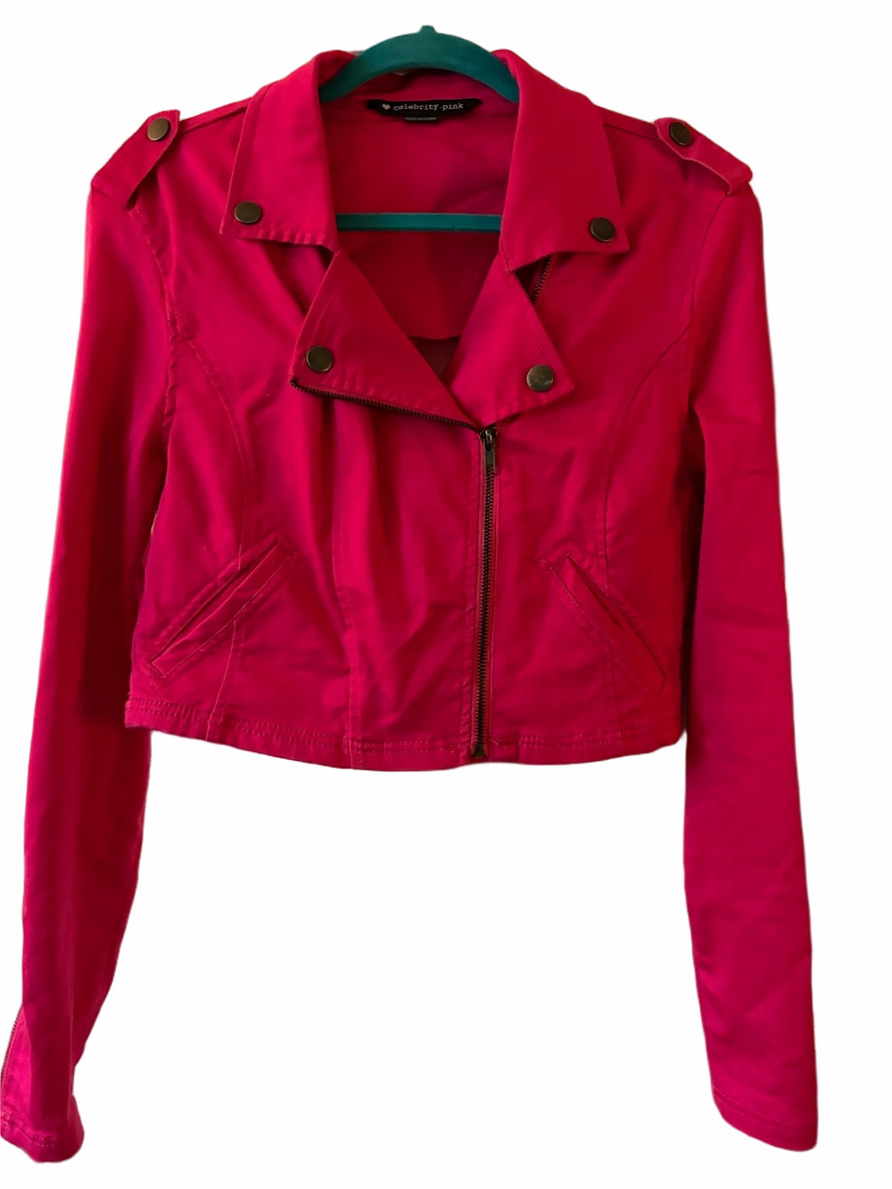 Celebrity pink cropped magenta cotton motorcycle style jacket XL